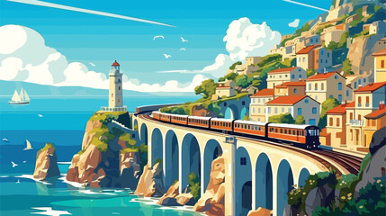 Railway bridge with moving train at beautiful seasc - obrazy, fototapety, plakaty