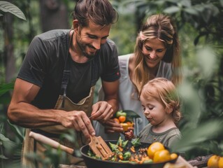 Obraz premium A young European family, consisting of a father, mother, and daughter, enjoys cooking together during their forest retreat, radiating love and harmony