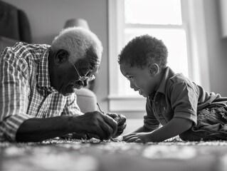 In the living room, on a carpet, a Black and white photo captures an Afro family moment: a grandfather engaging with his crawling toddler grandson