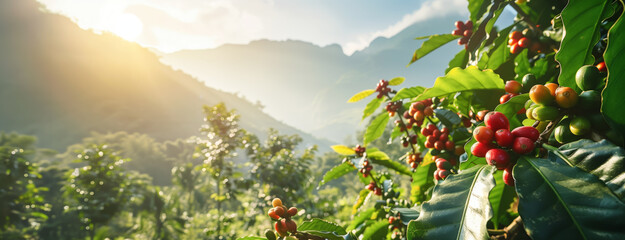 Coffee plantation or farm. Red raw berries on small shrubs in foreground; mist over hills background. Generative AI - Powered by Adobe