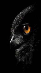 A close up of an owl's face with its eyes open