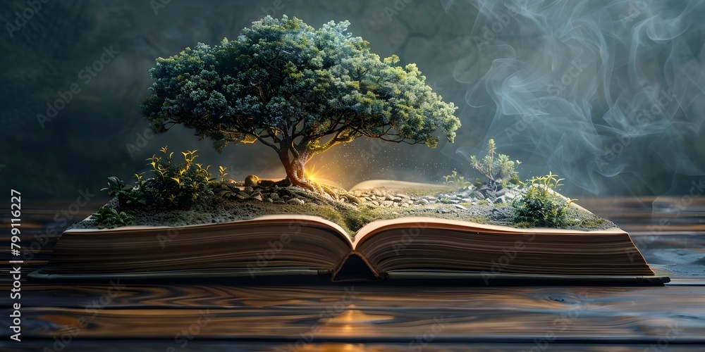 Poster conceptual of imagination knowledge and nature intertwined in an open book like landscape
