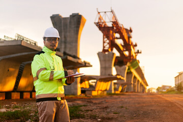 A construction worker is standing on a bridge, talking on his cell phone. The scene is set in a construction site, with a large crane in the background. The worker is wearing a yellow jacket