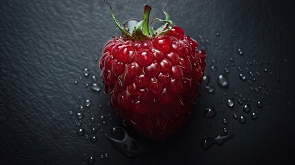 A close-up image of a single, ripe raspberry sitting on a wet, black surface.