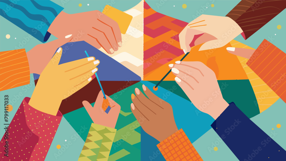 Poster Young and old hands work together threading needles and carefully stitching vibrant fabric to create a patchwork of resilience and hope.. Vector illustration