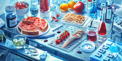 Close-up of a food scientist's desk with food samples and lab equipment, representing a job in food science