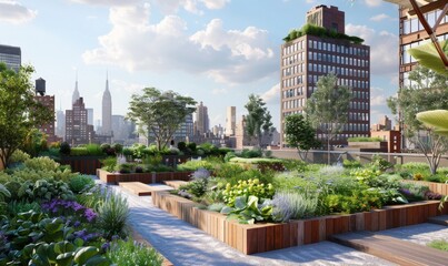 Fototapeta premium Rooftop skyscraper garden with abundant greenery, panoramic view of a big city with a beautiful sky