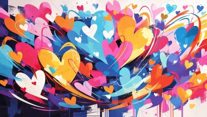 A vibrant graffiti mural of hearts in various colors, creating an urban love-themed backdrop