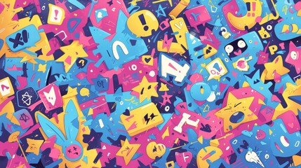 A vibrant graffiti pattern featuring an array of colorful and abstract shapes, with bold lines, dynamic forms, and street art elements. 