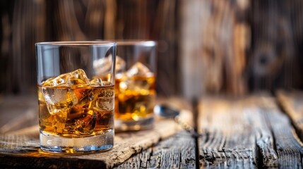 Two glasses of whiskey on wooden table with ice