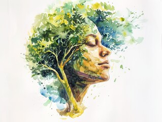 A watercolor painting of a female profile connected to a tree, promoting environmental activism