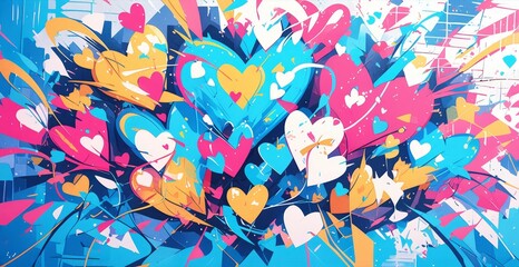 A vibrant graffiti wall covered in heart shapes, each one filled with different colors and patterns, creating an atmosphere of love and energy. 