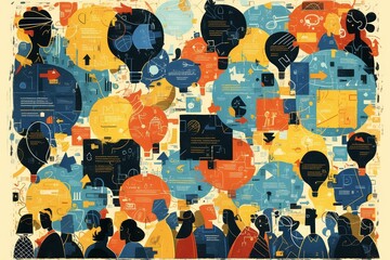 A vibrant illustration of diverse people and abstract shapes forming an array of light bulbs, symbolizing the exchange of ideas in group settings. 