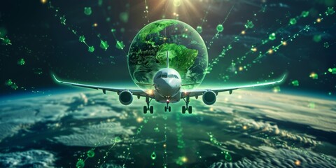 Sustainable Aviation Fuel banner. Airplane with digital interface overlay flying over lush greenery. Green economy and green transportation