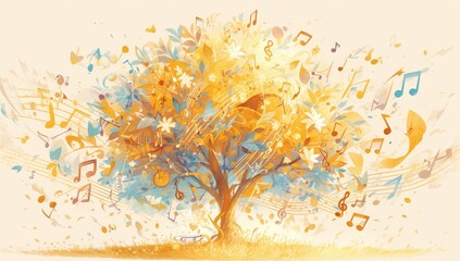 A whimsical tree with musical notes and vibrant colors, representing the beauty of music in nature