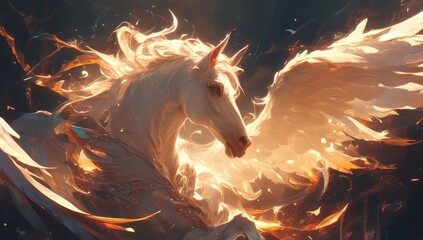 A white horse with wings flying in the style of fantasy art, with a dark background and fire around the white pegasus