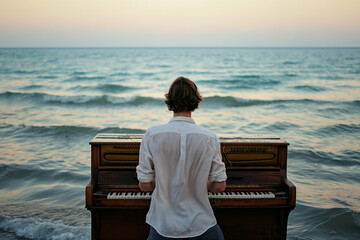 Pianist on the beach - obrazy, fototapety, plakaty