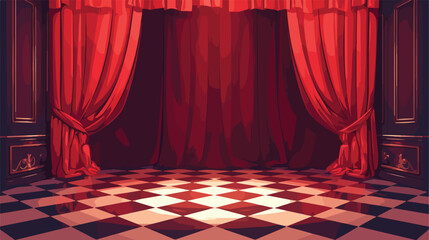Red room. Horisontal background with red velvet cur