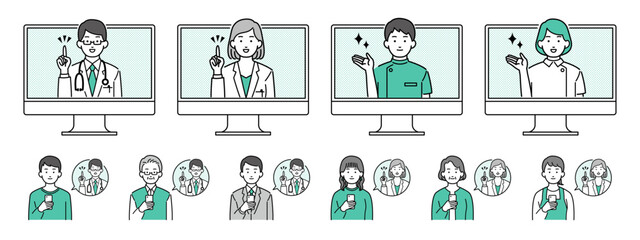 オンライン診療をする男性医師や女性医師と患者