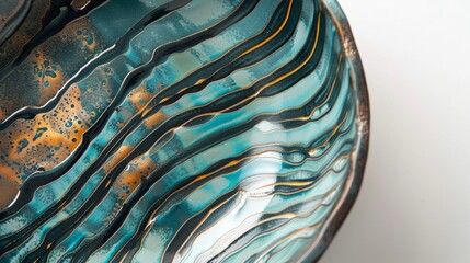 An overhead view of a bowl featuring stripes of dark and light turquoise and hints of metallic gold...