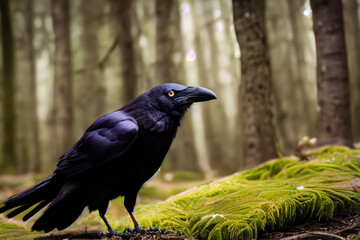 Naklejka premium black Raven. a large raven sits on green moss in the middle of the forest, close-up. nature and birds concept