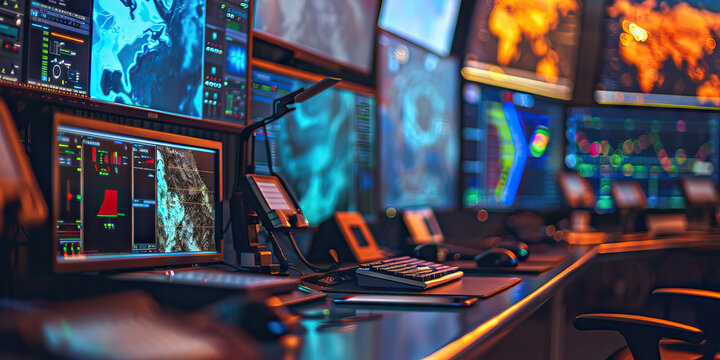 Close-up of a remote sensing scientist's desk with satellite images and data analysis software, illustrating a job in remote sensing
