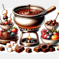 An illustration for world chocolate day, Chocolate fondue set, rendered in watercolor style.