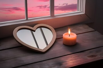 Heart shaped mirror with candlelight on wooden table  in pink sunset background. Reflection of love. Love concept. Banner, Perfect gift for Modern valentines day with copy space.  