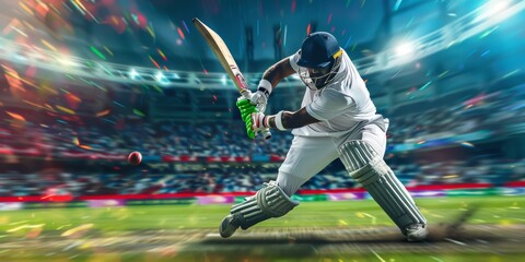 Indian Cricket League background concept.
Cricket  Premiere player batting energetically with colorful artistic background.