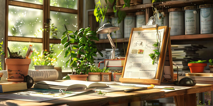 Close-up of a biodynamic farmer's desk with biodynamic farming guides and seed catalogs, representing a job in biodynamic agriculture.