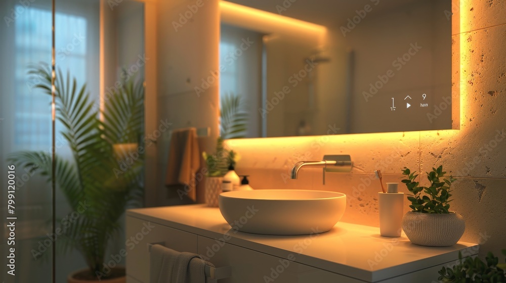 Poster smart home technology: an image of a smart mirror in a bathroom displaying weather information and c