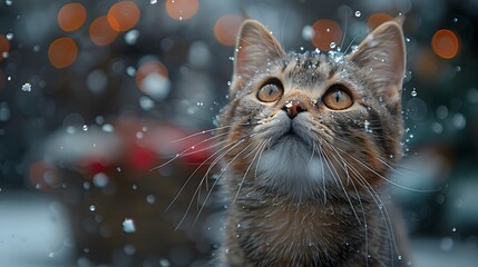 the charm of a cute cat frolicking in the enchanting streets of London during Christmas, adorned with a blanket of snow and bathed in cinematic light - obrazy, fototapety, plakaty