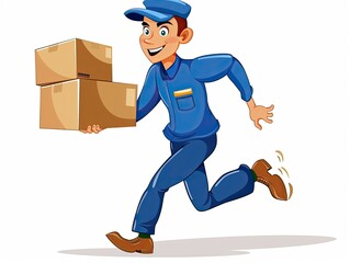 The courier is a man jumping with a cardboard box, the concept of packaging for shipment.