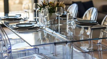 sleek dining space with glass dining table and chairs, adorned with clear and empty glasses, a gree
