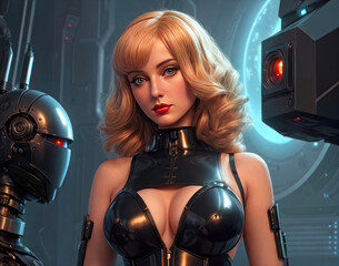 Beautiful blonde female humanoid next to a robot and futuristic technology. Sci-fi illustration style