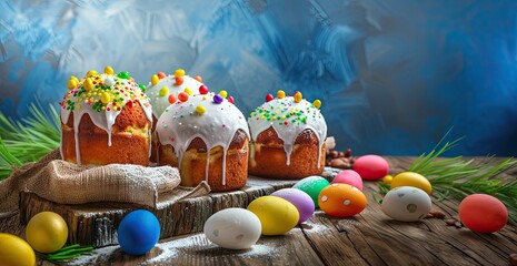 Easter composition. Traditional Orthodox Easter. a cake with icing sugar, colored lollipops and powdered sugar and with colored eggs.