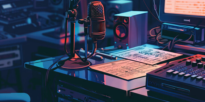 Close-up of a radio broadcaster's desk with microphone and broadcast schedule, symbolizing a job in radio broadcasting