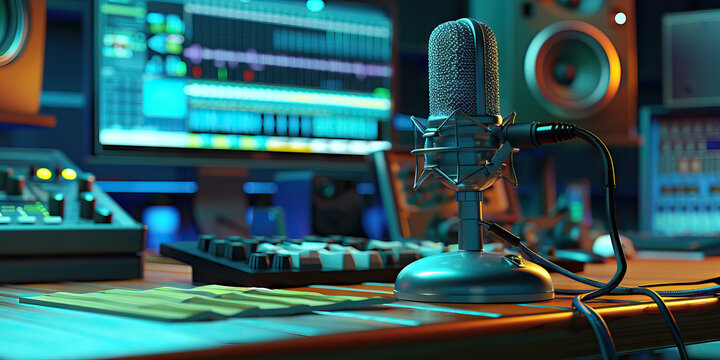 Close-up of a radio broadcaster's desk with microphone and broadcast schedule, symbolizing a job in radio broadcasting