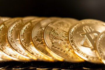 bitcoin coin golden piled close up crypto currency 
