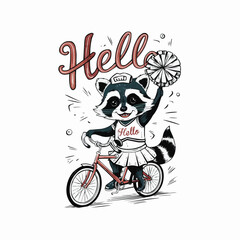 Raccoon cyclist character retro customized vector style illustration
