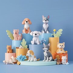 A podium at a pet show with 3D models of dogs