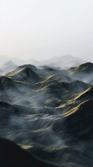 Abstract 3D landscape of black hills with gold mist rolling over them