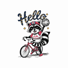 Raccoon cyclist character retro customized vector style illustration