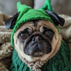Pug dressed as an elf with pointy ears and green outfit