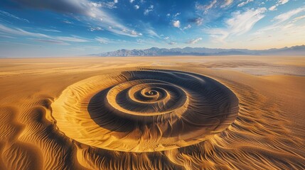 Wind-blown sand dunes forming spiral patterns in a vast desert