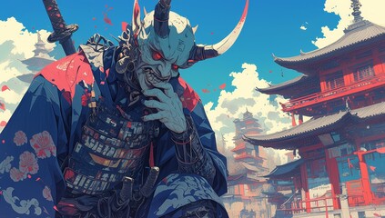 A vibrant and dynamic anime-style illustration of the Oni, an Asian demon dressed in samurai armor. 