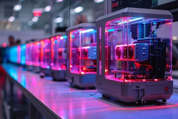 Obraz premium A series of sophisticated 3D printers line up in production, enhanced with neon lighting for visual appeal