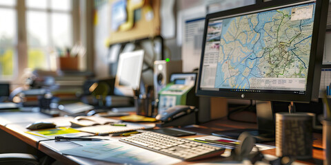 Close-up of a GIS analyst's desk with geographic information system maps and data, showcasing a job in GIS analysis