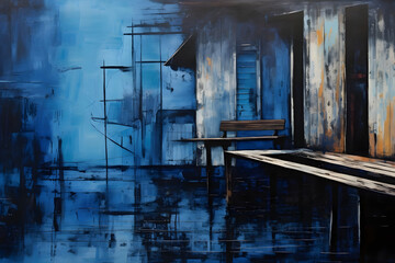 Abandoned Boardwalk Blues, abstract landscape art, painting background, wallpaper, generative ai
