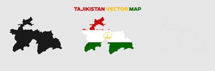 Tajikistan Map Vector Pack. Map with Flag. Gray Map Silhouette. Gray Outline Map. Editable EPS file. 